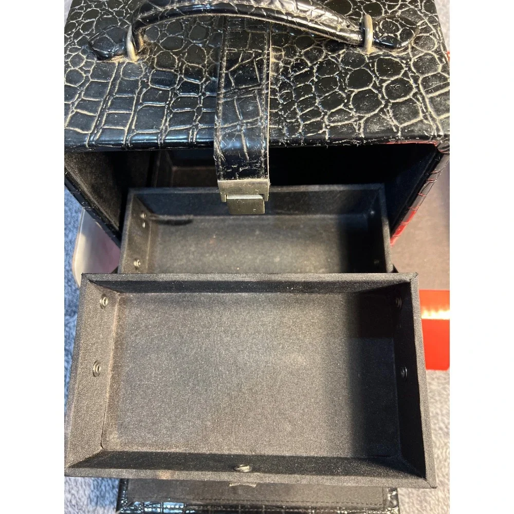 Black Faux Croc Embossed Makeup Train Case Jewelry Box with Mirror & Drawers
